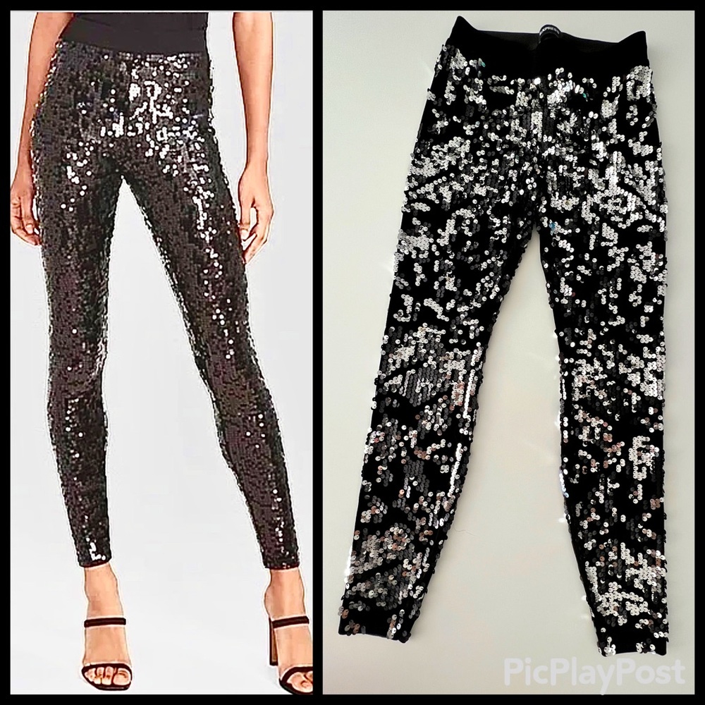 Express Sequin Black Velvet Cocktail Party Pants LIKE NEW Silver Black XXS XS